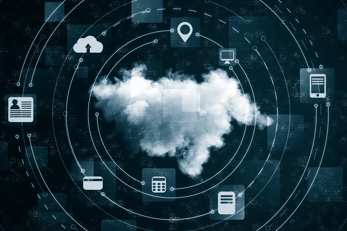 A cloud surrounded by tech icons.