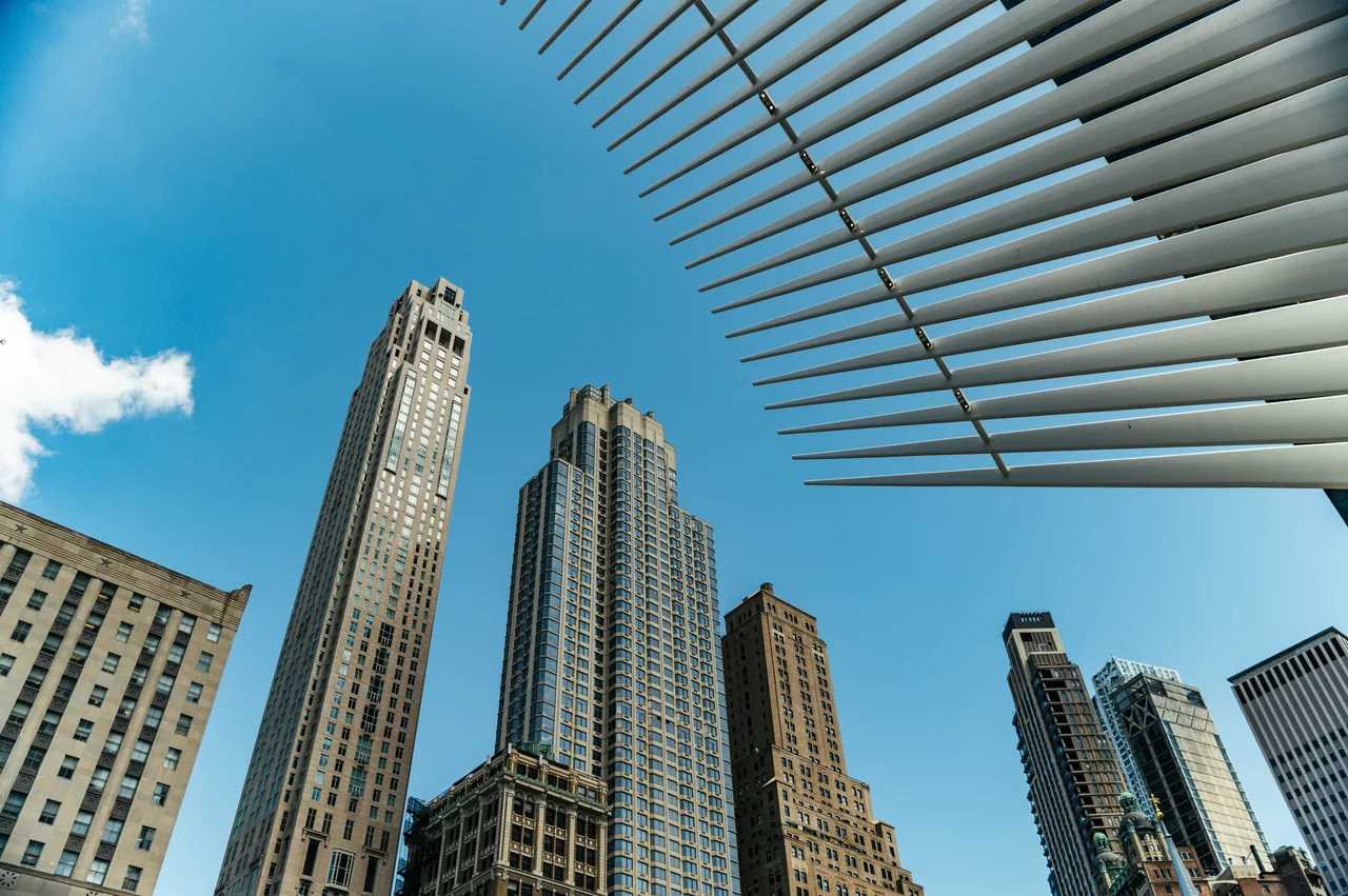 Huge skyscrapers shot from ground level.