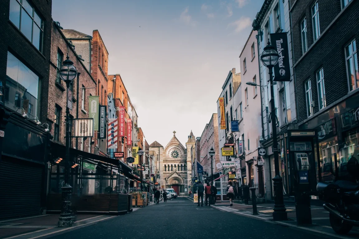 A Dublin street at sunset.