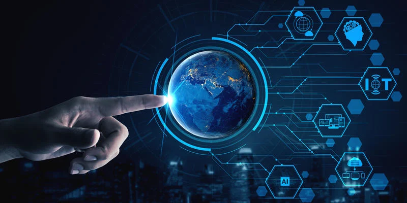 A hand pointing and touching a graphic of the Earth.