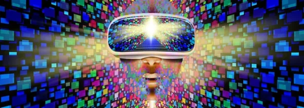 A CG image of a person wearing a VR headset surrounded by files.
