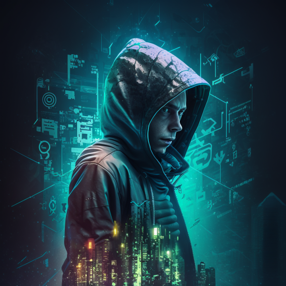 A mysterious man in a hood with projections of data around him.