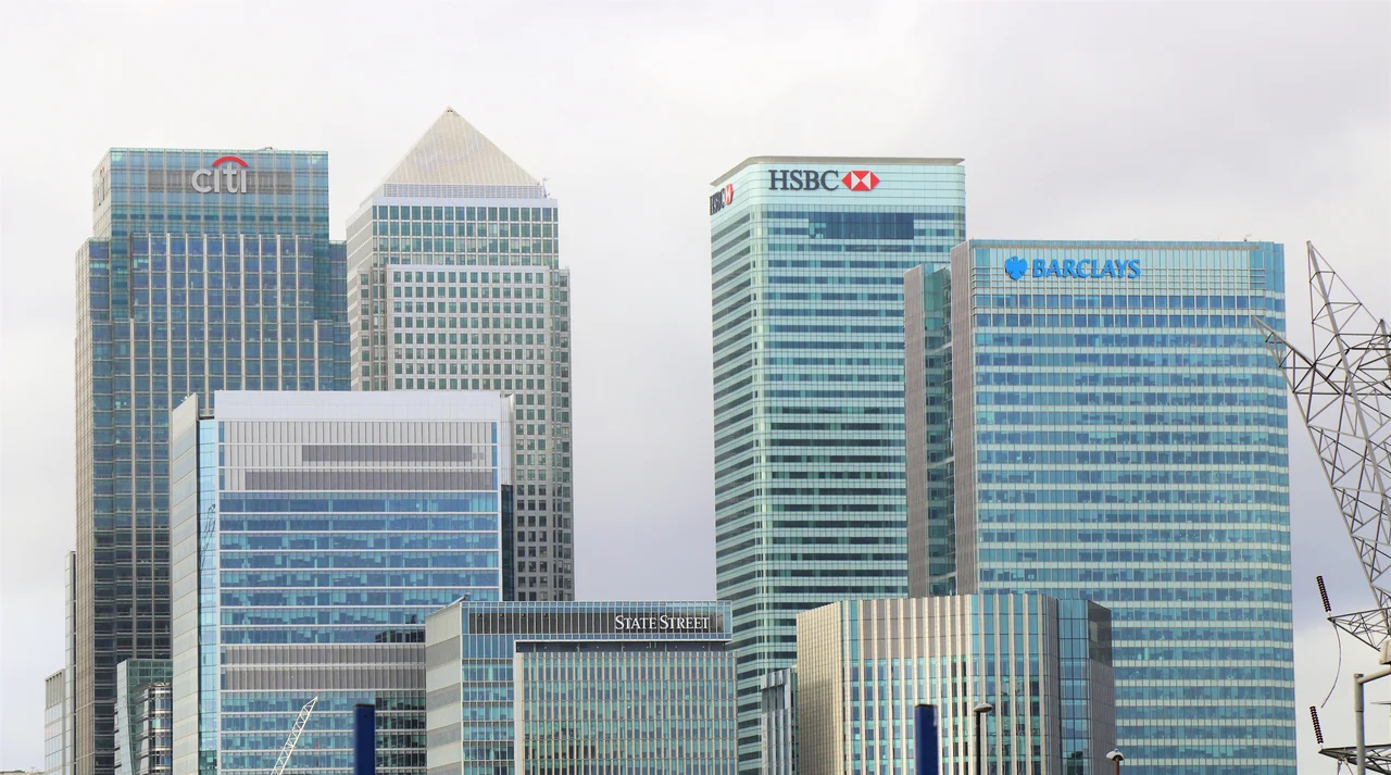 A series of skyscrapers, with one featuring the HSBC logo.