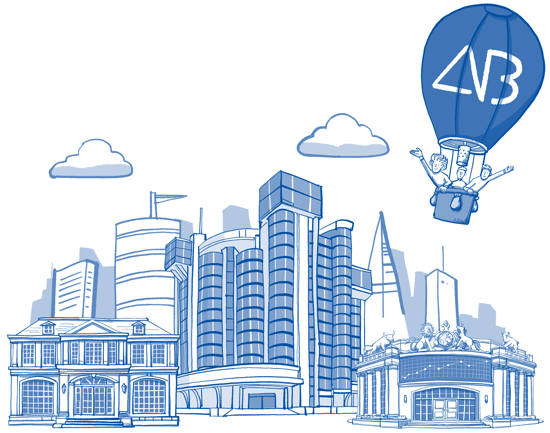 A hot air ballon flying over a city Illustration