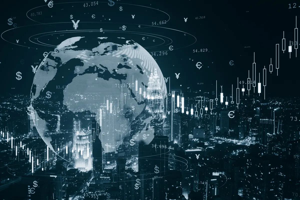 An upward trending graph in front of the Earth.