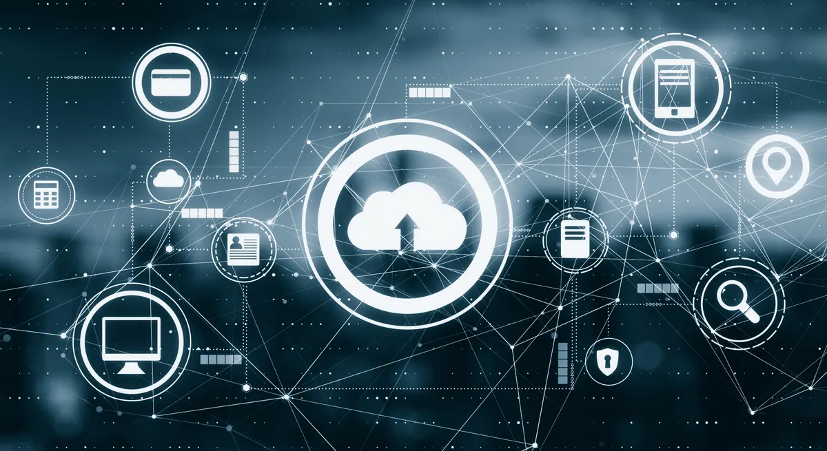 Icons representing tech like the cloud.