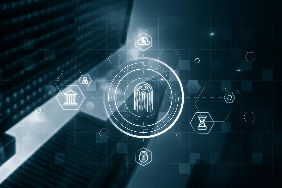 Icons projected onto the sky in between office buildings.