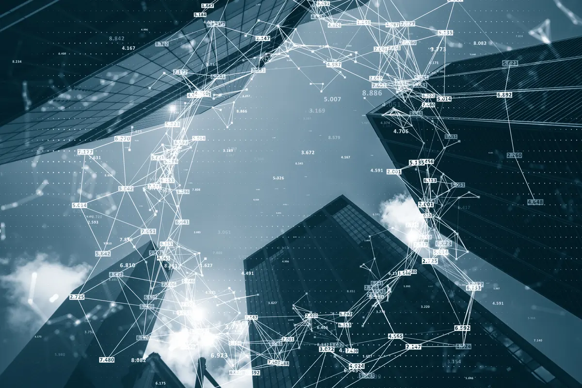 Office buildings with a CGI data chart in between them.