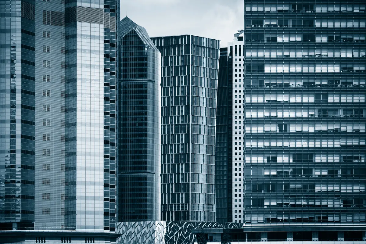 A series of large office buildings.